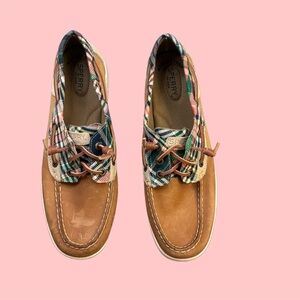 Sperry Songfish Boat Shoes Tan Leather Plaid Women’s 9.5 Spring Preppy Style